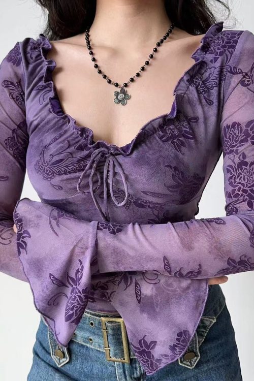 Loose Purple Ruffled Print Cotton T Shirts Flare Sleeve