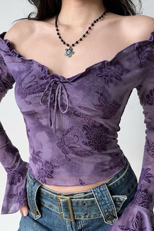 Loose Purple Ruffled Print Cotton T Shirts Flare Sleeve