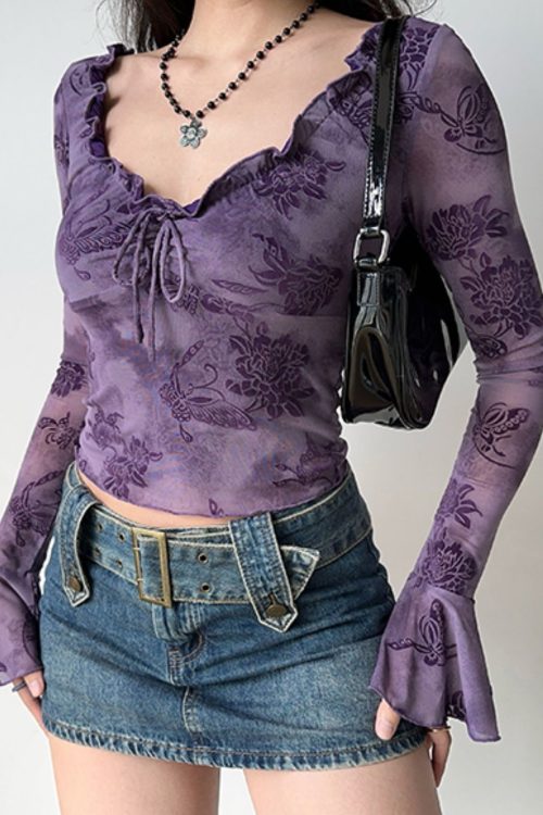 Loose Purple Ruffled Print Cotton T Shirts Flare Sleeve