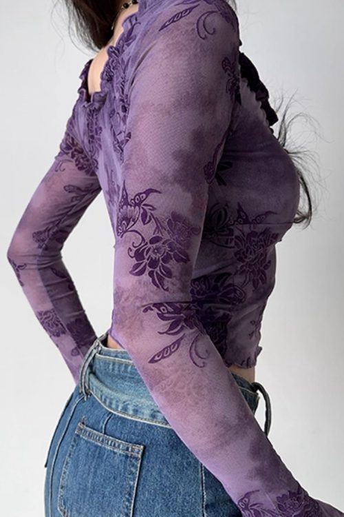 Loose Purple Ruffled Print Cotton T Shirts Flare Sleeve