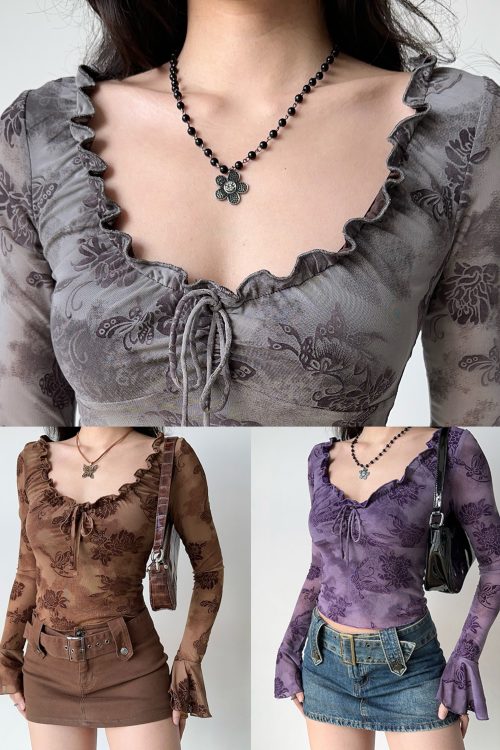 Loose Purple Ruffled Print Cotton T Shirts Flare Sleeve