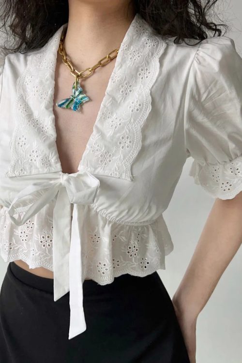 New White Embroidered Lace Up Hollow Out Cotton Shirt Summer