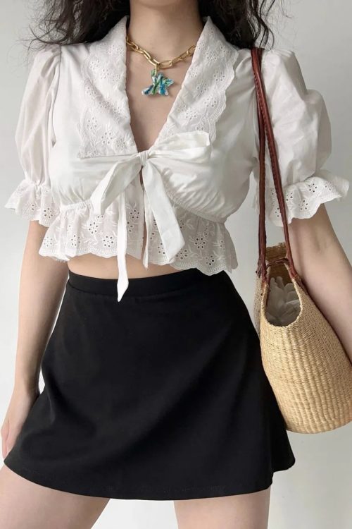 New White Embroidered Lace Up Hollow Out Cotton Shirt Summer