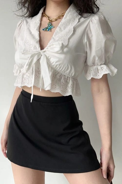 New White Embroidered Lace Up Hollow Out Cotton Shirt Summer