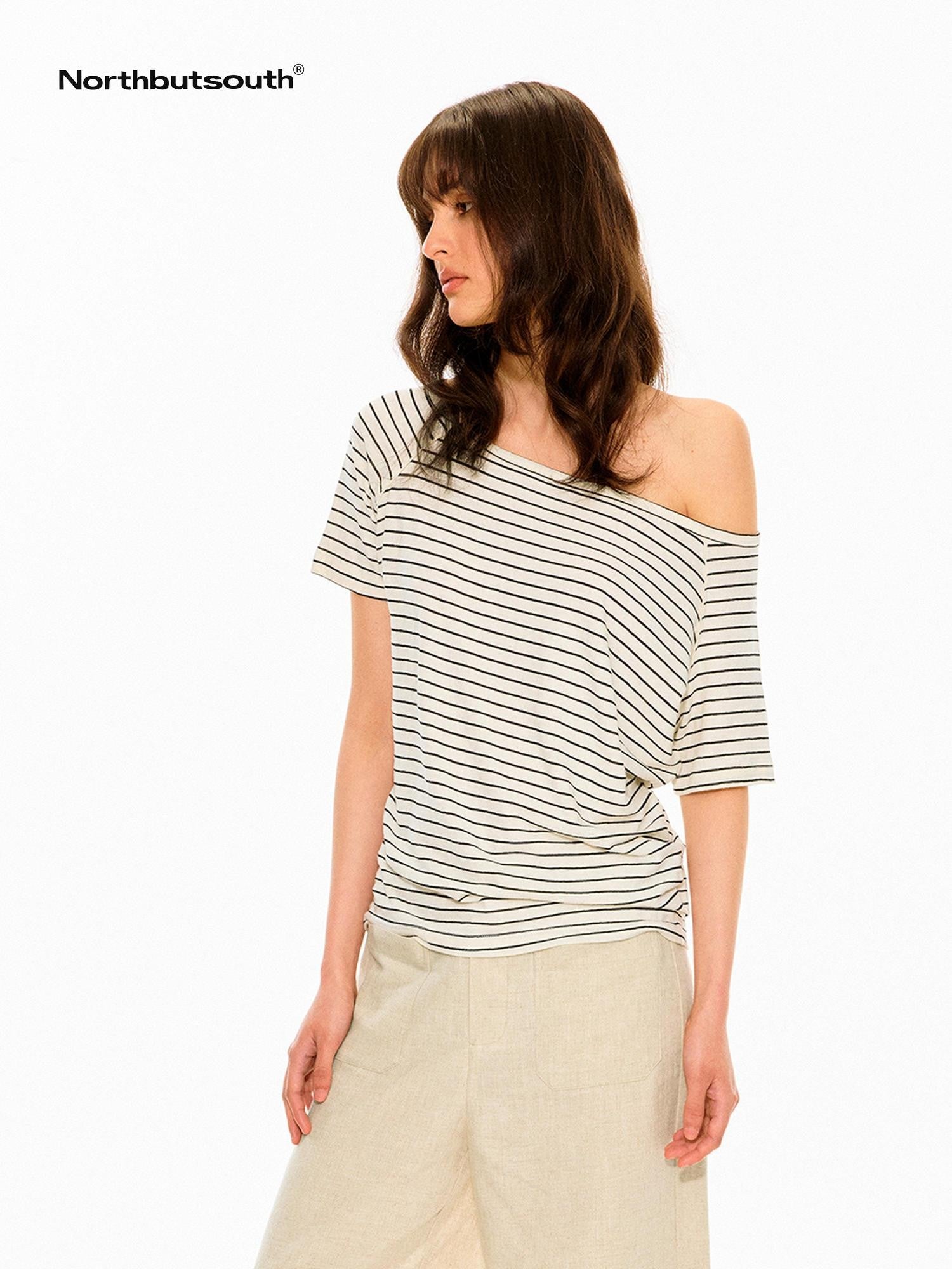 black-white-striped-slanted-shoulder-womens-hemp-cotton-off-shoulder-t-shirts-10 White Slanted Shoulder Fitted Top
