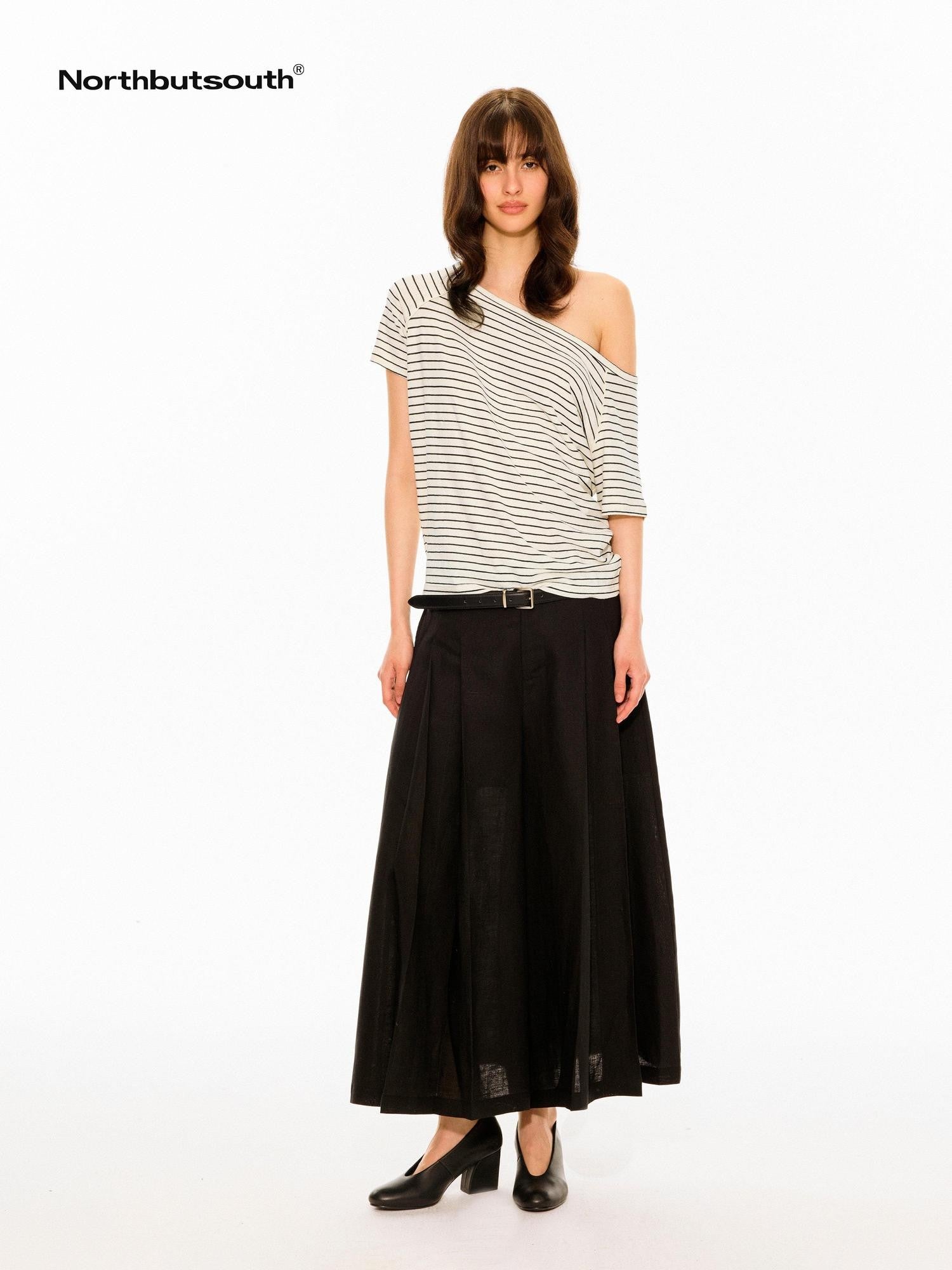 black-white-striped-slanted-shoulder-womens-hemp-cotton-off-shoulder-t-shirts-2 White Slanted Shoulder Fitted Top