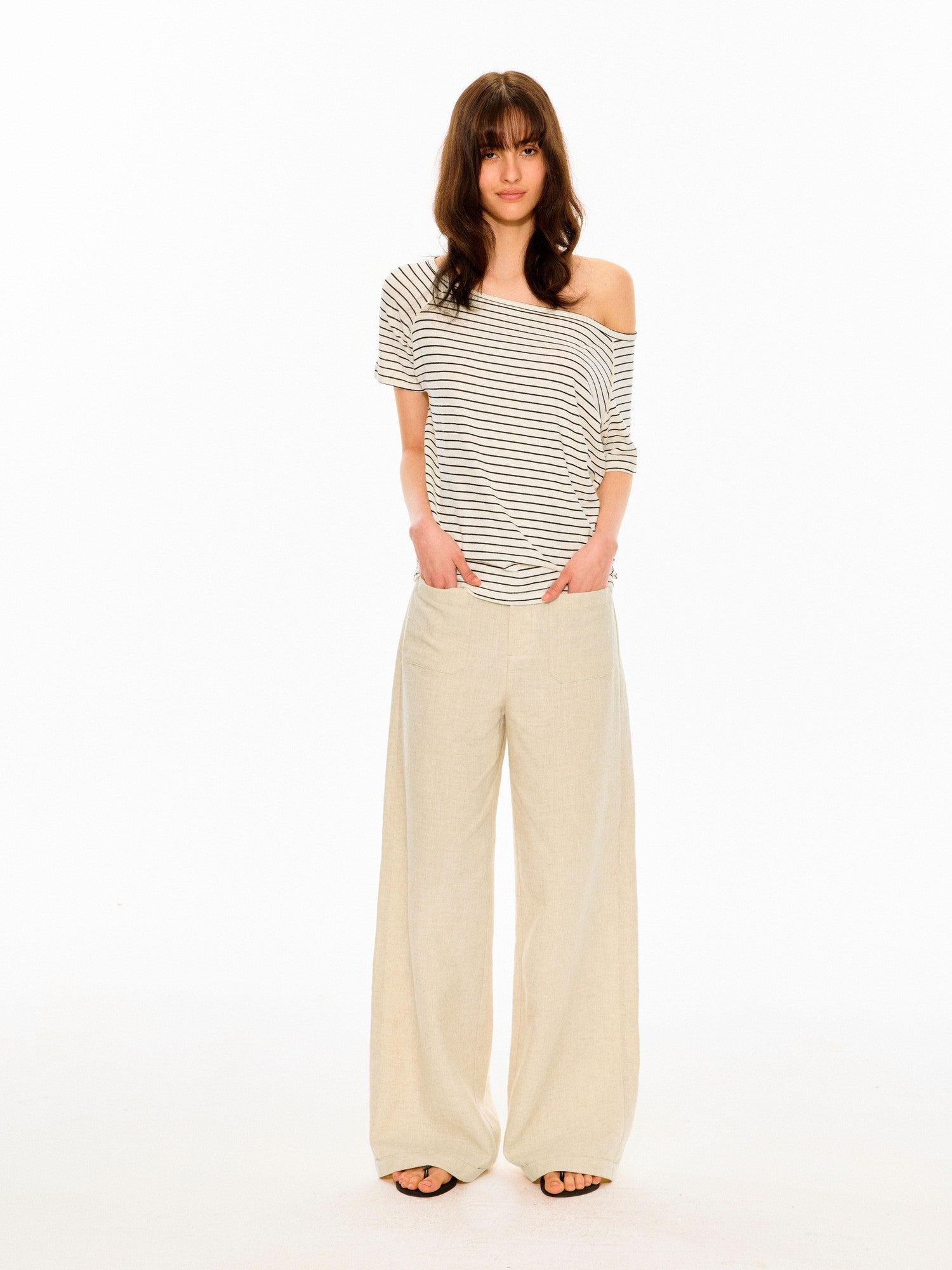 black-white-striped-slanted-shoulder-womens-hemp-cotton-off-shoulder-t-shirts-4 White Slanted Shoulder Fitted Top
