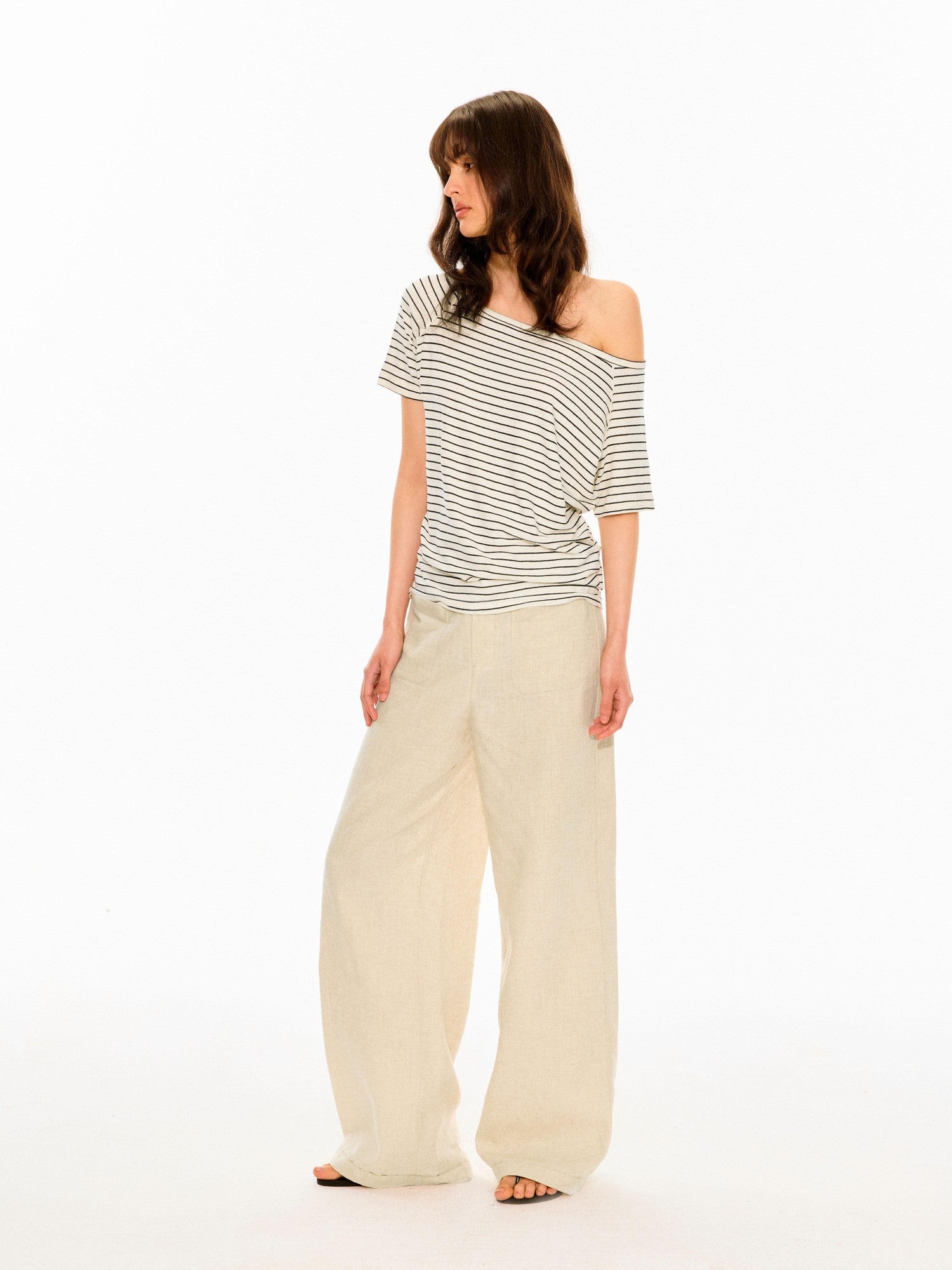 black-white-striped-slanted-shoulder-womens-hemp-cotton-off-shoulder-t-shirts-5 White Slanted Shoulder Fitted Top