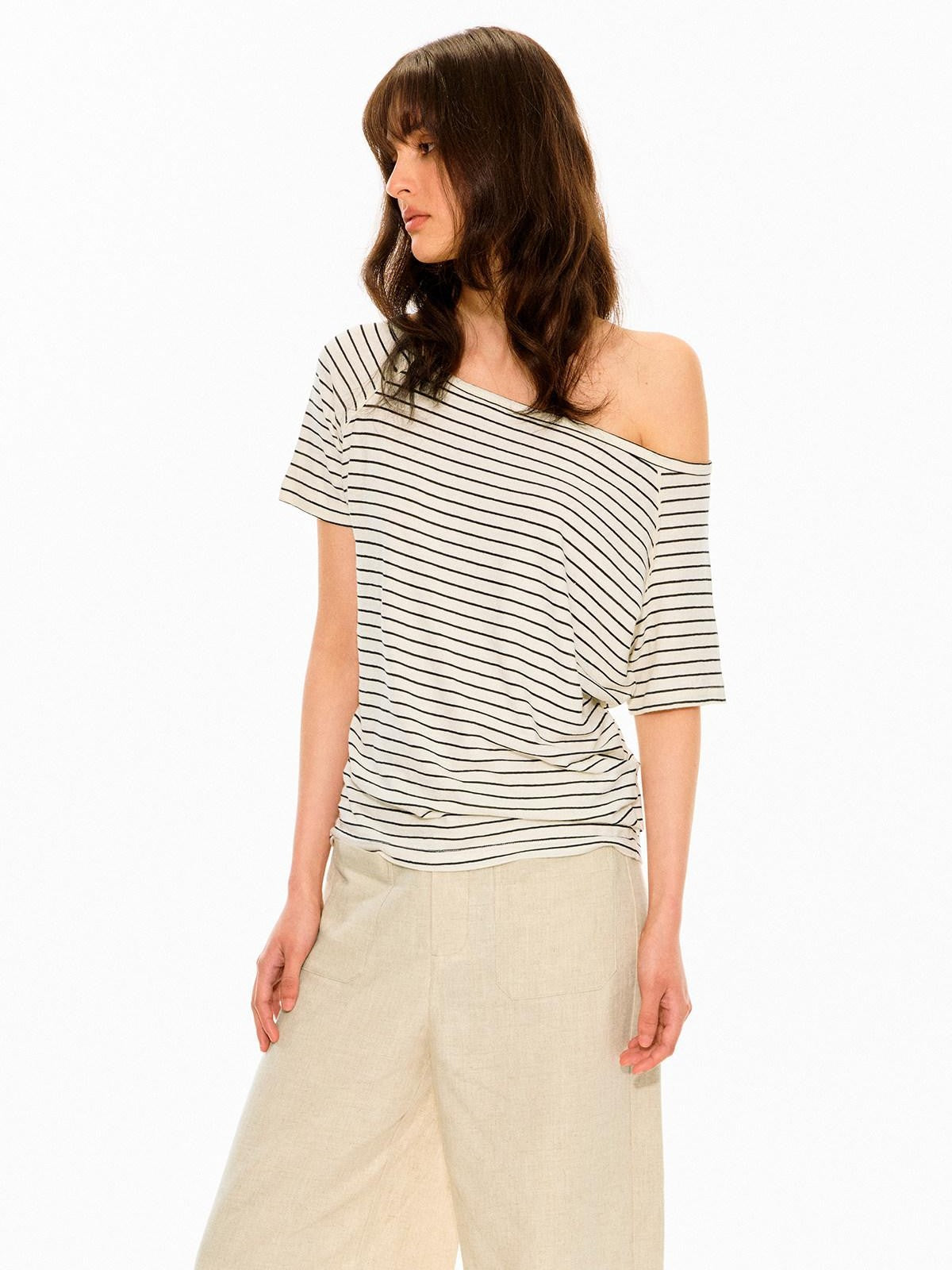 black-white-striped-slanted-shoulder-womens-hemp-cotton-off-shoulder-t-shirts-7 White Slanted Shoulder Fitted Top