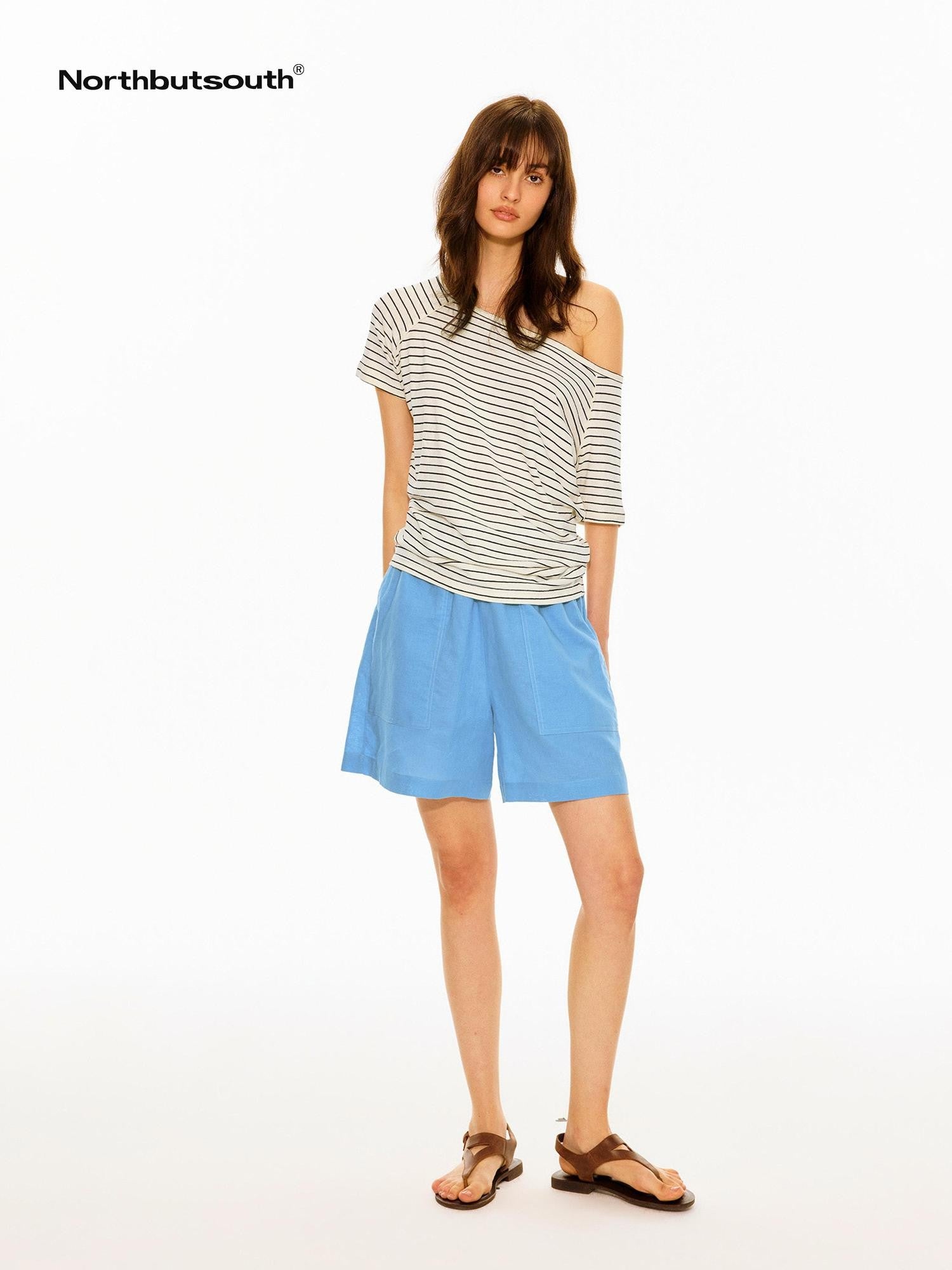 black-white-striped-slanted-shoulder-womens-hemp-cotton-off-shoulder-t-shirts-8 White Slanted Shoulder Fitted Top