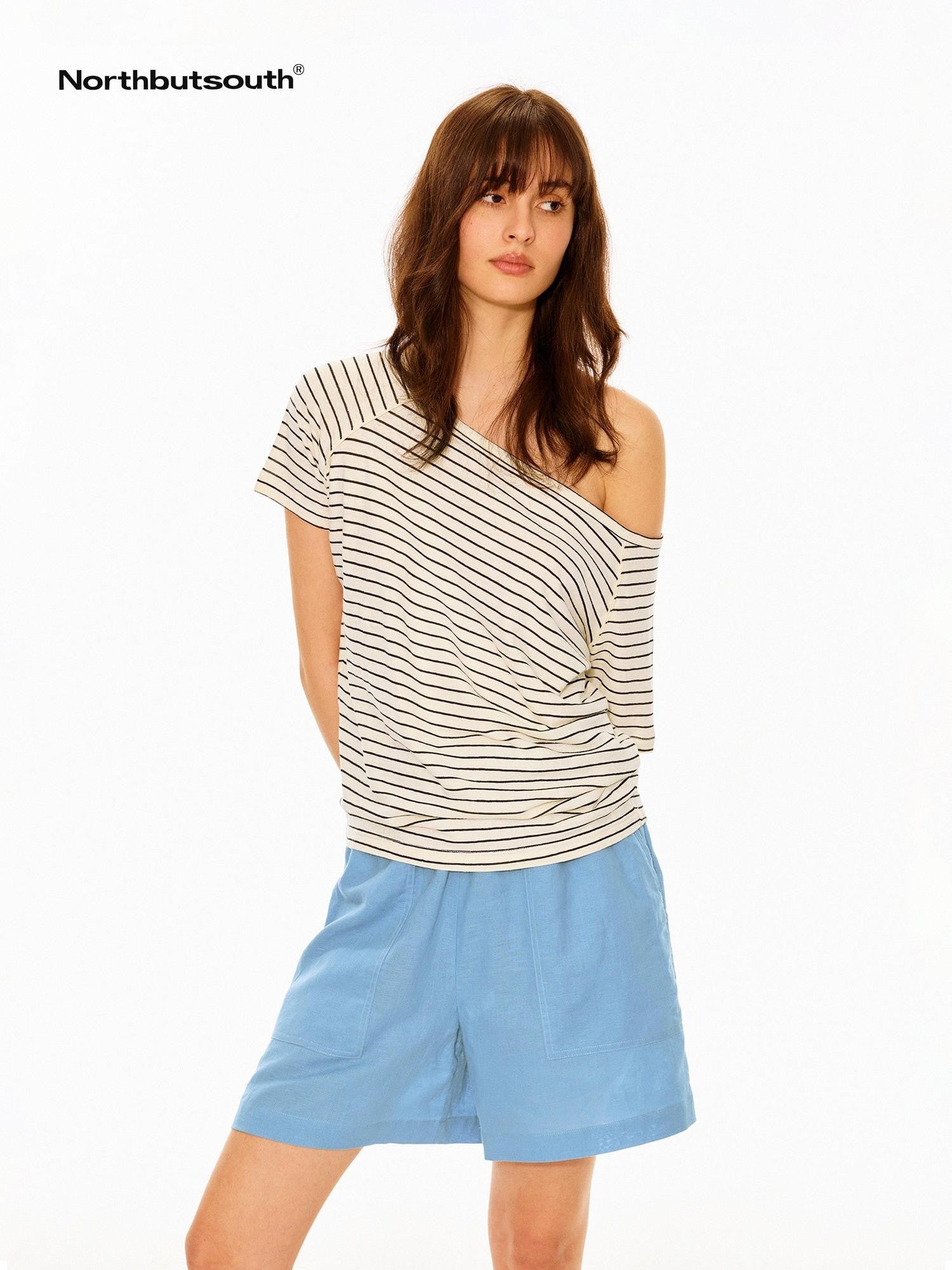 black-white-striped-slanted-shoulder-womens-hemp-cotton-off-shoulder-t-shirts-9 White Slanted Shoulder Fitted Top