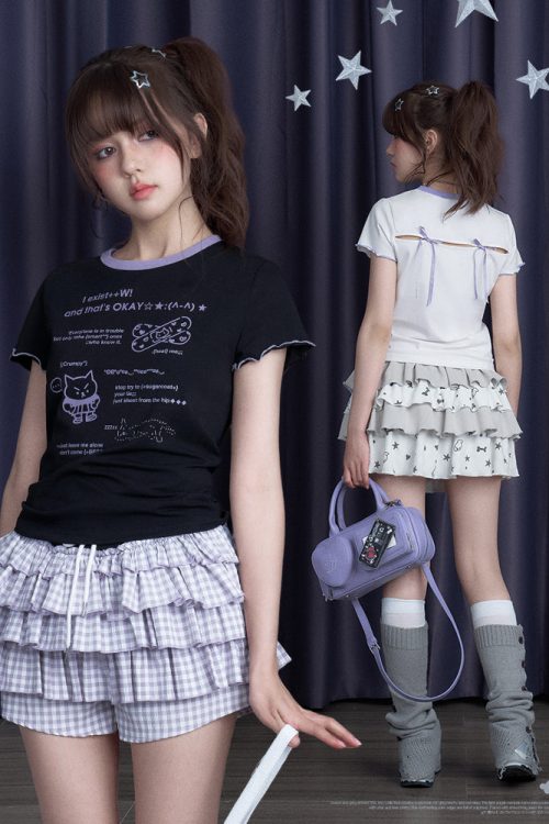 cool-black-white-cute-print-short-sleeve-bow-t-shirt-1