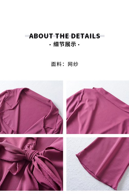 Joleen Solid Color Sheer Mesh Lace See-Through Summer Long Sleeve Front Tie Slim Cropped Top