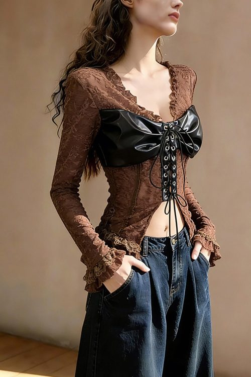 Coffee Ruffled Lace-Up Patchwork Lace Top