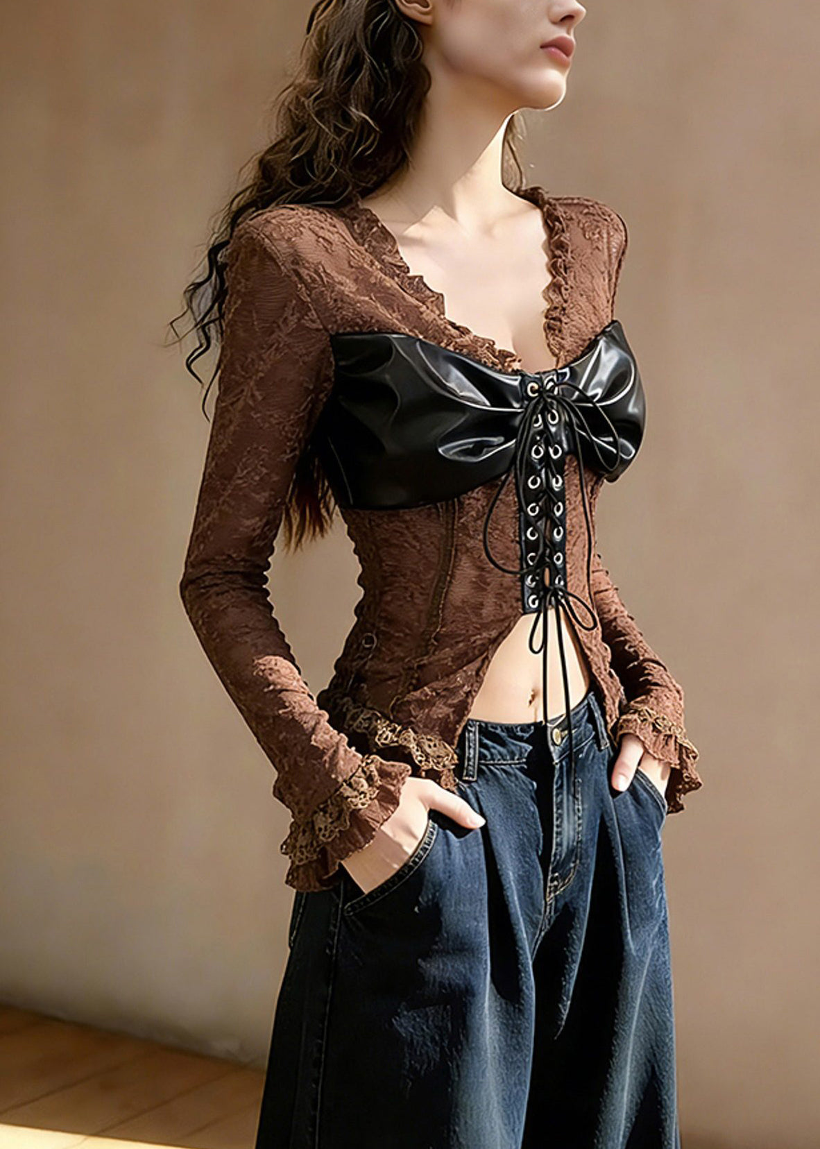 sexy-coffee-ruffled-lace-up-patchwork-lace-t-shirt-tops-spring-2 Coffee Ruffled Lace-Up Patchwork Lace Top