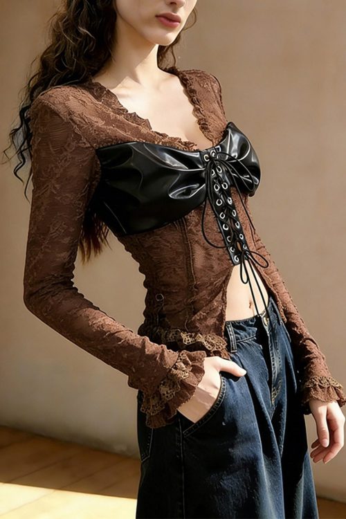 Coffee Ruffled Lace-Up Patchwork Lace Top