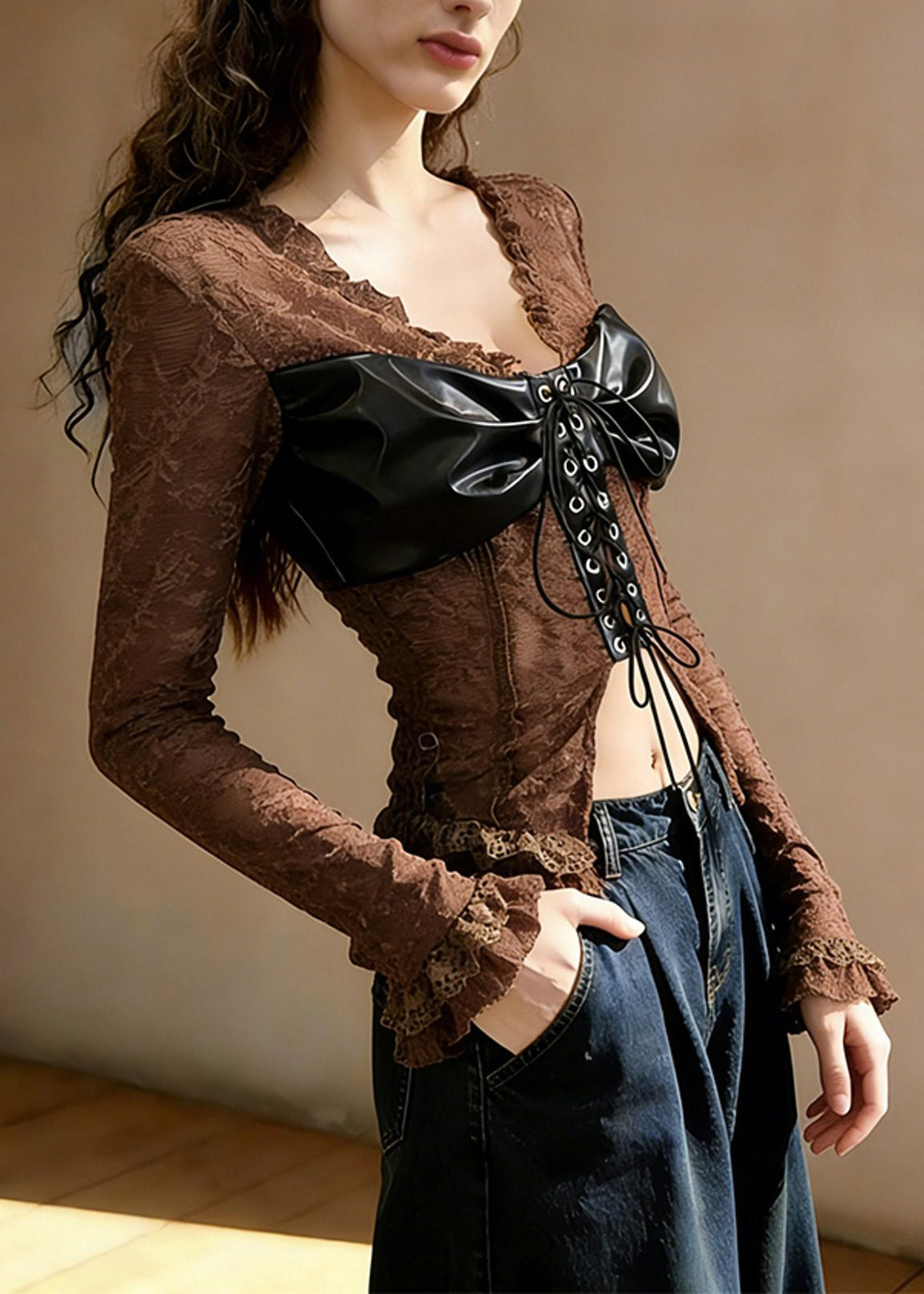 sexy-coffee-ruffled-lace-up-patchwork-lace-t-shirt-tops-spring-3 Coffee Ruffled Lace-Up Patchwork Lace Top