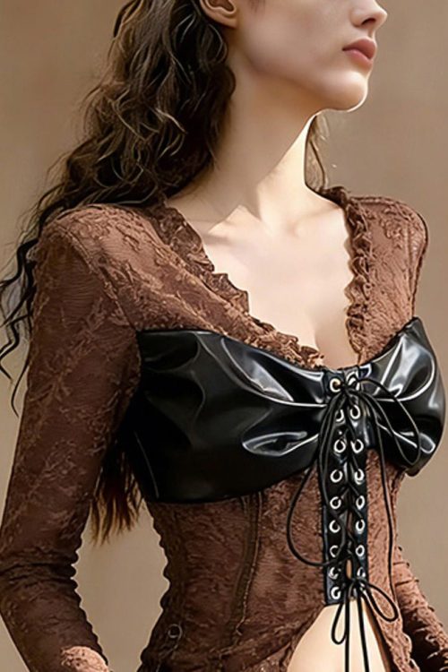 Coffee Ruffled Lace-Up Patchwork Lace Top