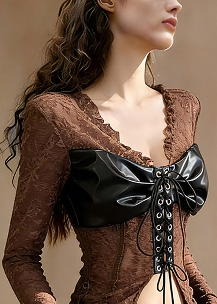 sexy-coffee-ruffled-lace-up-patchwork-lace-t-shirt-tops-spring-5 Coffee Ruffled Lace-Up Patchwork Lace Top