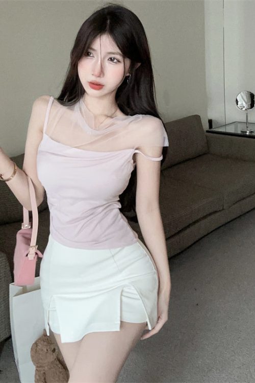 tina-solid-color-brown-mesh-patchwork-spaghetti-strap-slim-cropped-top-8