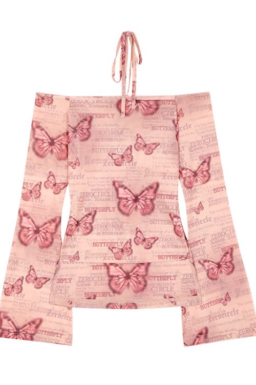 Maribella Pink Butterfly Print Long Bell Sleeve Off-the-Shoulder Slim Cropped Top