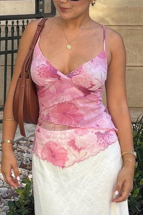Floral Trim Chiffon Waist-Cinched Cami Top