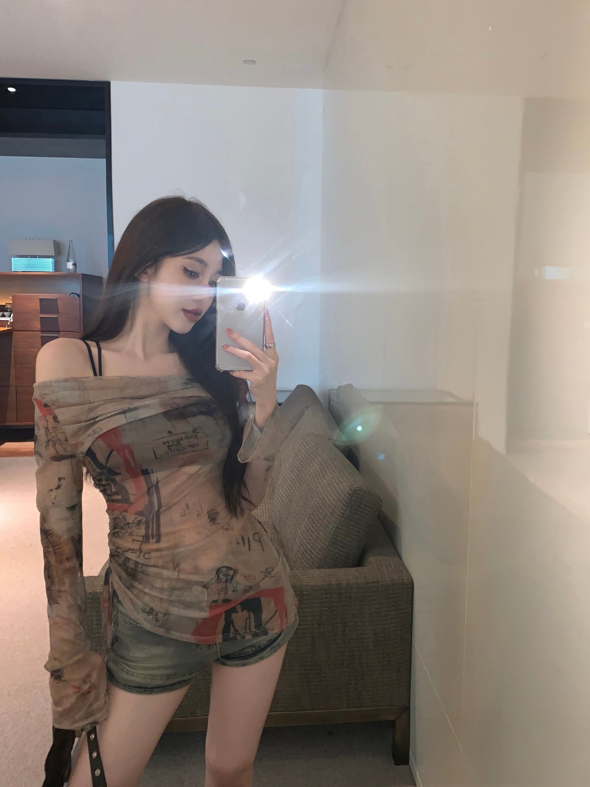 nia-graphic-image-print-long-sleeve-sheer-see-through-mesh-off-the-shoulder-drawstring-top-solid-color-black-double-spaghetti-straps-bra-top-4 Black One Shoulder Going Out Top
