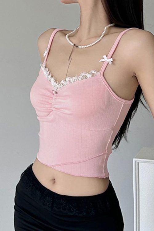Bow Lace Trim Crop Cami Top