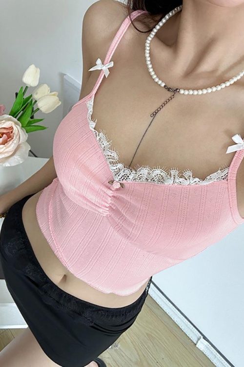 Bow Lace Trim Crop Cami Top
