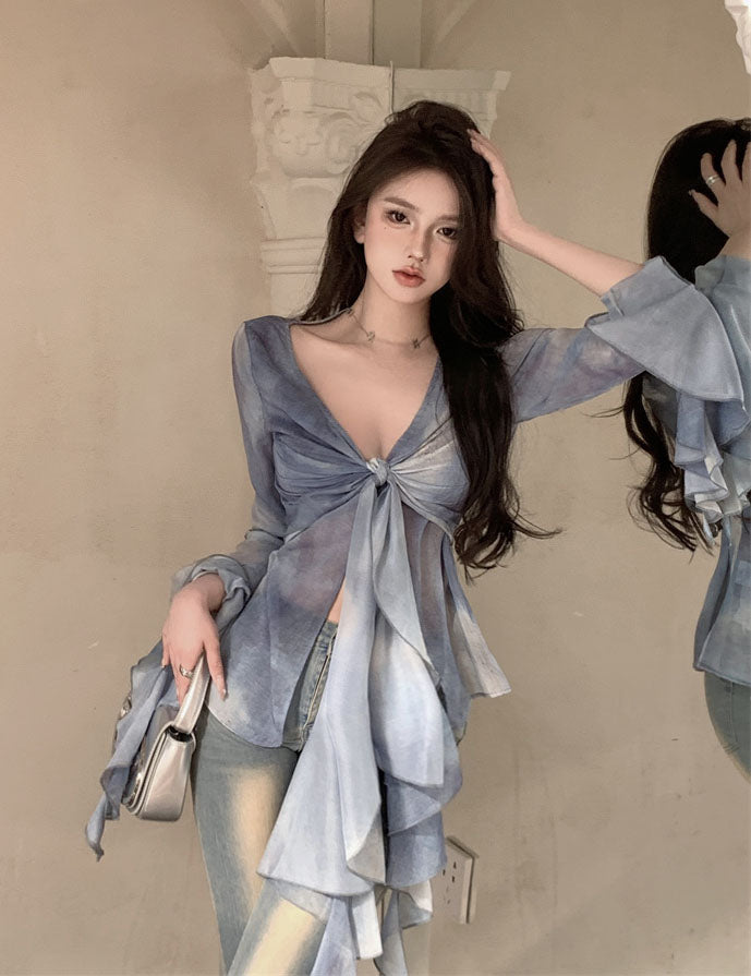 bia-blue-tie-dye-ruffled-long-sleeve-french-v-neck-front-tie-sheer-top-4 bia-blue-tie-dye-ruffled-long-sleeve-french-v-neck-front-tie-sheer-top-4