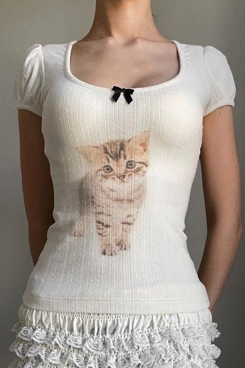 Cat Print Bow U Neck Tee