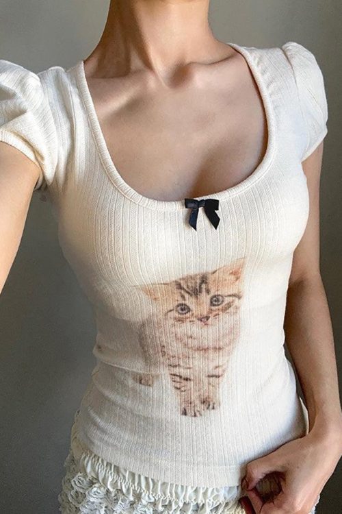 Cat Print Bow U Neck Tee