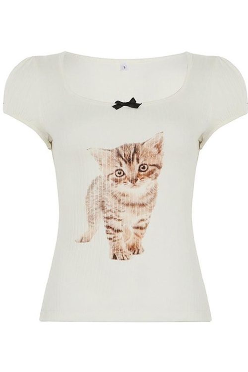 Cat Print Bow U Neck Tee