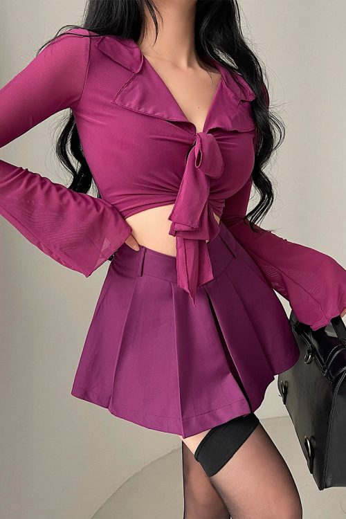 Joleen Solid Color Sheer Mesh Lace See-Through Summer Long Sleeve Front Tie Slim Cropped Top
