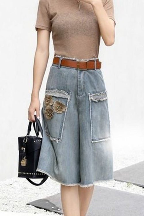 Chic Blue Floral High Waist Sashes Denim Crop Pants Summer Outfit Ideas Crop Pants for Chic Blue Floral High Waist Sashes Denim Crop Pants Summer outfit ideas