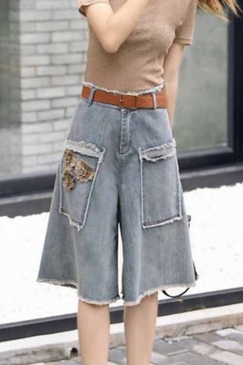 Chic Blue Floral High Waist Sashes Denim Crop Pants Summer Outfit Ideas Crop Pants for Chic Blue Floral High Waist Sashes Denim Crop Pants Summer outfit ideas