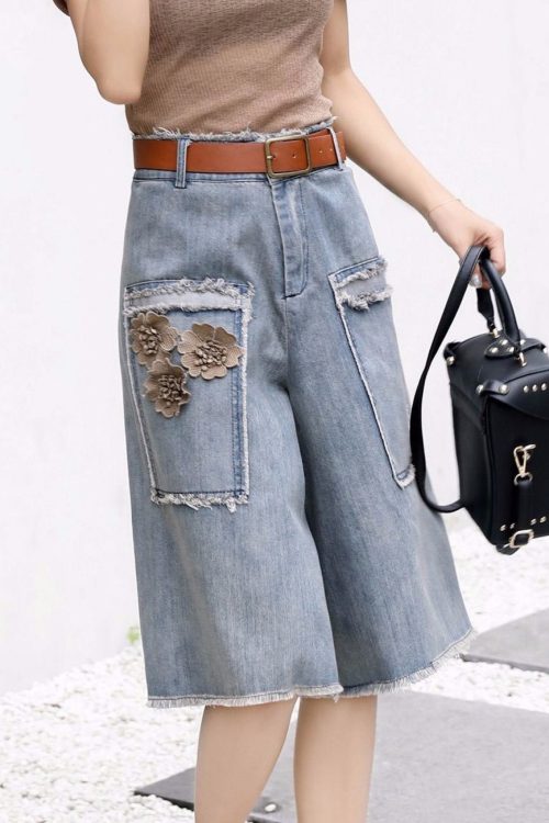Chic Blue Floral High Waist Sashes Denim Crop Pants Summer Outfit Ideas Crop Pants for Chic Blue Floral High Waist Sashes Denim Crop Pants Summer outfit ideas