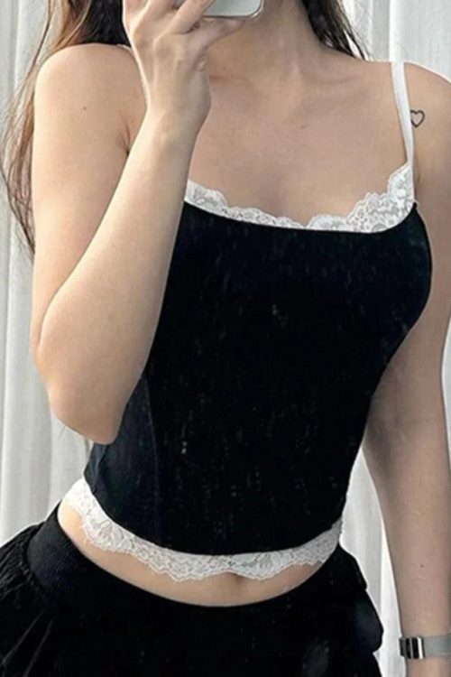 Black Lace Trim Cami Top for Going Out Outfits