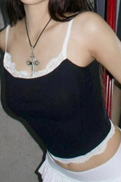 Black Lace Trim Cami Top for Going Out Outfits