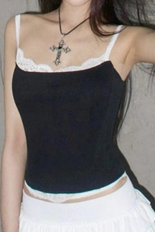 Black Lace Trim Cami Top for Going Out Outfits