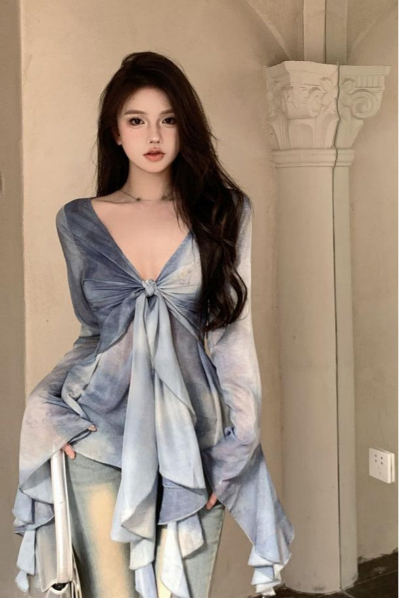 bia-blue-tie-dye-ruffled-long-sleeve-french-v-neck-front-tie-sheer-top-7 bia-blue-tie-dye-ruffled-long-sleeve-french-v-neck-front-tie-sheer-top-7