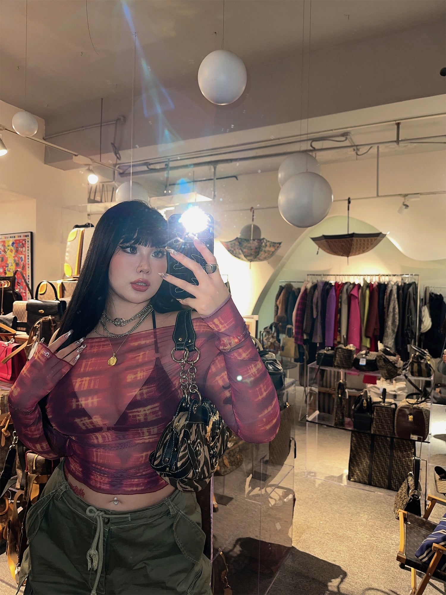 sila-tie-dye-red-black-off-the-shoulder-sheer-long-sleeve-slim-cropped-top-6 Black One Shoulder Going Out Top