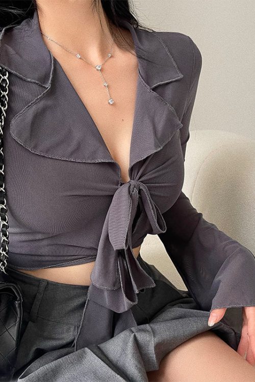 Joleen Solid Color Sheer Mesh Lace See-Through Summer Long Sleeve Front Tie Slim Cropped Top