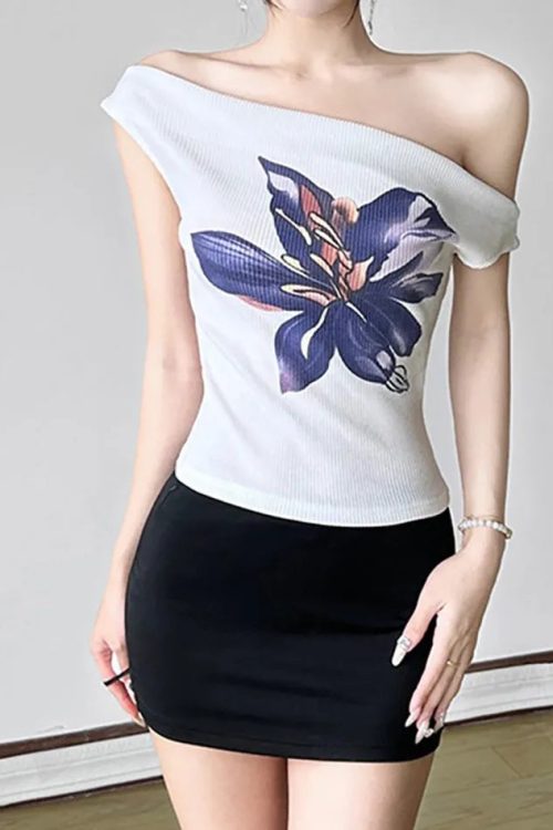 Floral Print Off-Shoulder Fitted Top