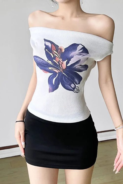 Floral Print Off-Shoulder Fitted Top