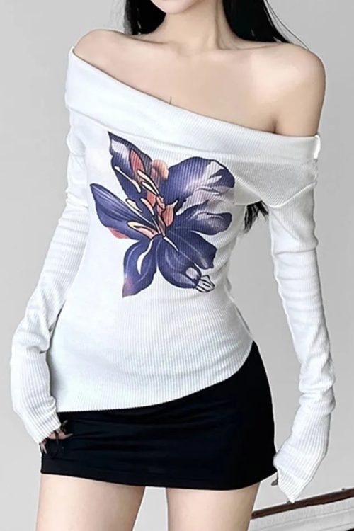 Floral Print Off-Shoulder Fitted Top