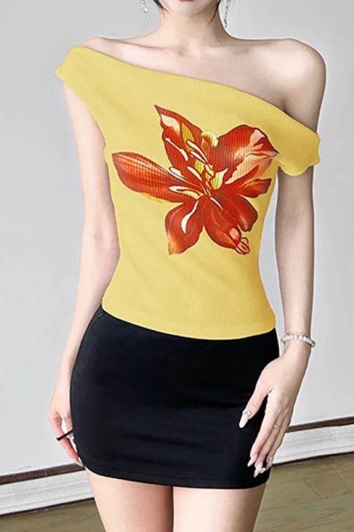 Floral Print Off-Shoulder Fitted Top