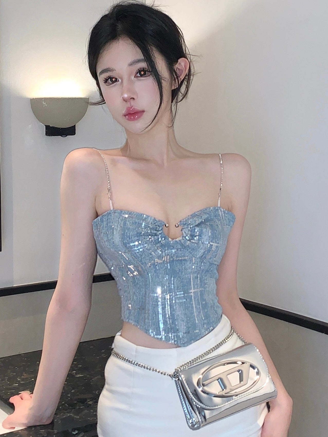 Shelly Icy Blue and Silver Spaghetti Strap Slim Camisole Cropped Top