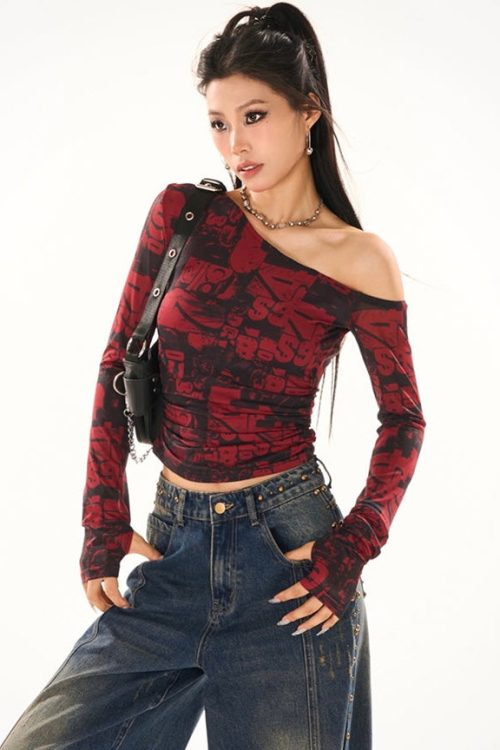 Maranda Graphic Pattern Print Contrast Red & Black Color Off-One-Shoulder Long Sleeve Slim Cropped Top