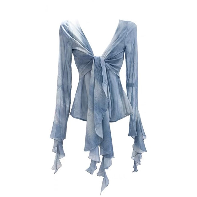 bia-blue-tie-dye-ruffled-long-sleeve-french-v-neck-front-tie-sheer-top-2 bia-blue-tie-dye-ruffled-long-sleeve-french-v-neck-front-tie-sheer-top-2